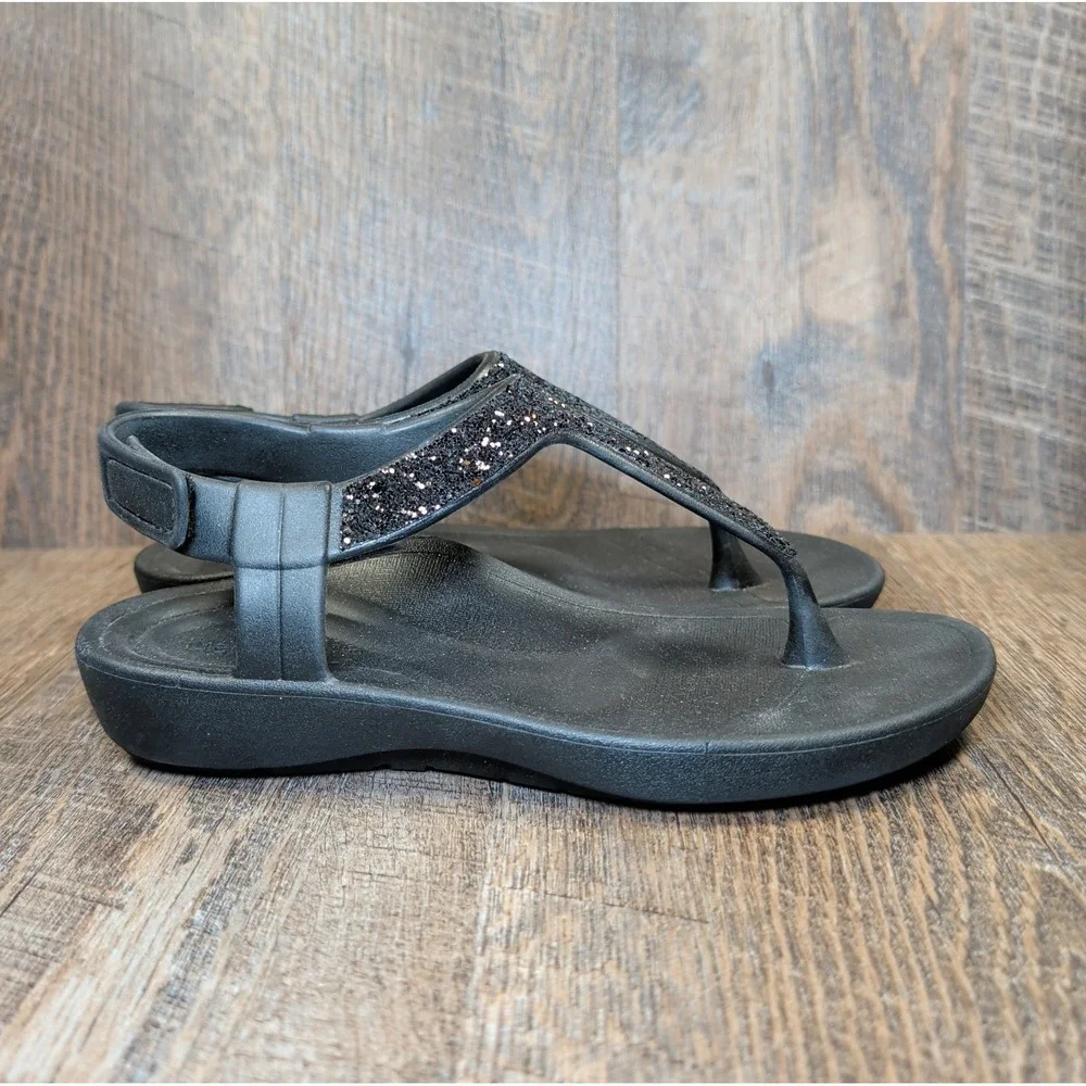 Aetrex Skyler Thong Sandals Black Embellished Womens Size 6 Slingback Comfort